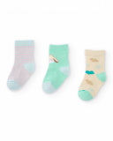 "Pack of 3 socks for newborn in green and blue tones with clouds, stripes, and little sheep