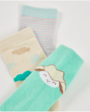 "Pack of 3 socks for newborn in green and blue tones with clouds, stripes, and little sheep