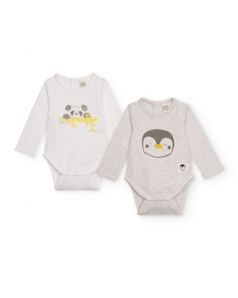 Two-pack of knit bodysuits for baby boy in white and grey with penguin and panda print