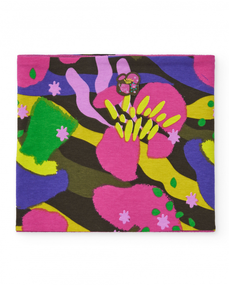 Girls' neck warmer with a colorful and cheerful print of flowers and abstract shapes.