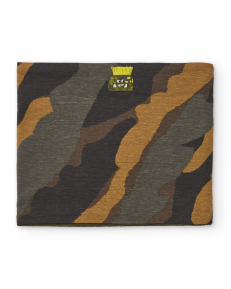 Tubular neck warmer for boy with camouflage print and monster embroidery.