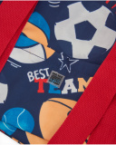 Navy blue sports bag for boy with multicolored ball print. Navy blue sports bag for boy with multicolored ball print.