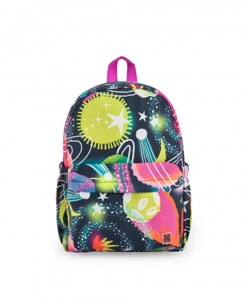 Multicolor backpack for girl with planet and star print.