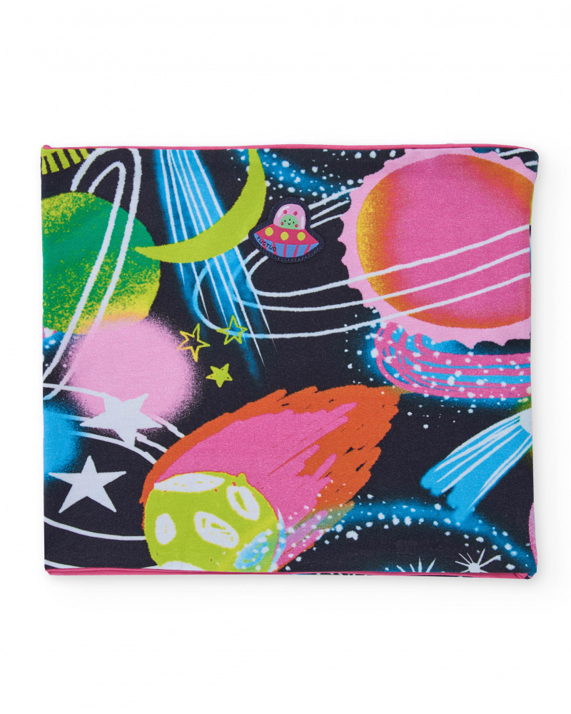 Multicolor scarf for girl with galactic print of planets and stars.