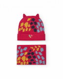 Hat and neck warmer set for girl in red with multicolored print and ears Hat and neck warmer set for girl in red with multicolored print and ears