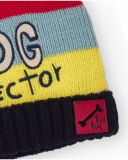 Multicolored beanie for boys with pom-pom and decorative text. Multicolored beanie for boys with pom-pom and decorative text.