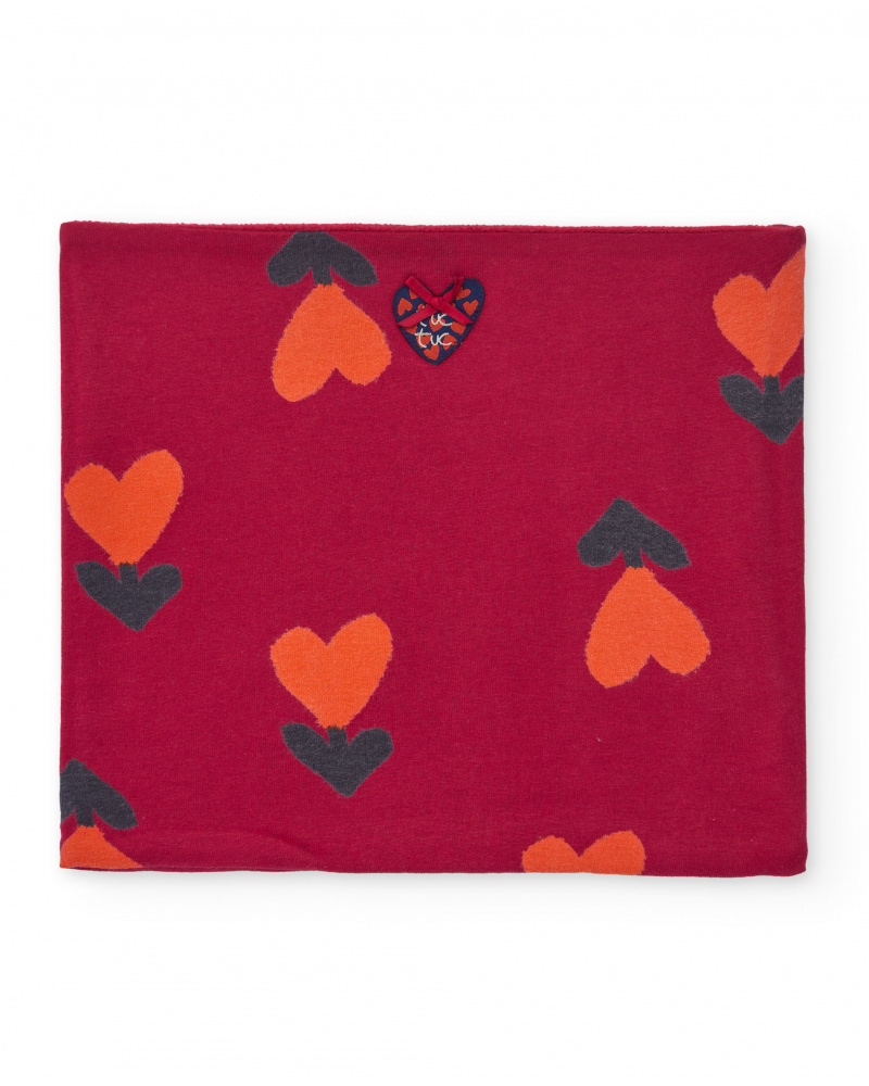 Neck warmer for girl in red with heart print
