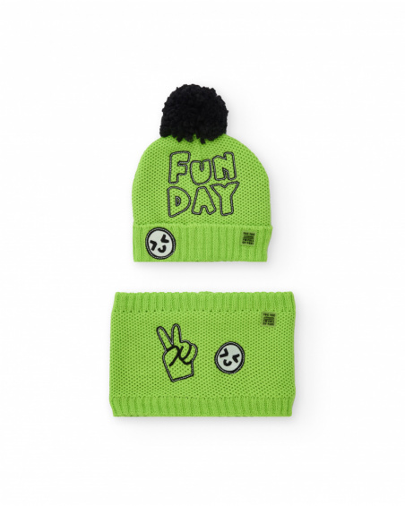 Set of beanie and neck warmer for boy in green with embroidery and black pompom Set of beanie and neck warmer for boy in green with embroidery and black pompom