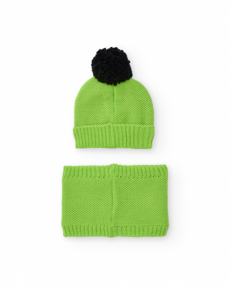 Set of beanie and neck warmer for boy in green with embroidery and black pompom Set of beanie and neck warmer for boy in green with embroidery and black pompom