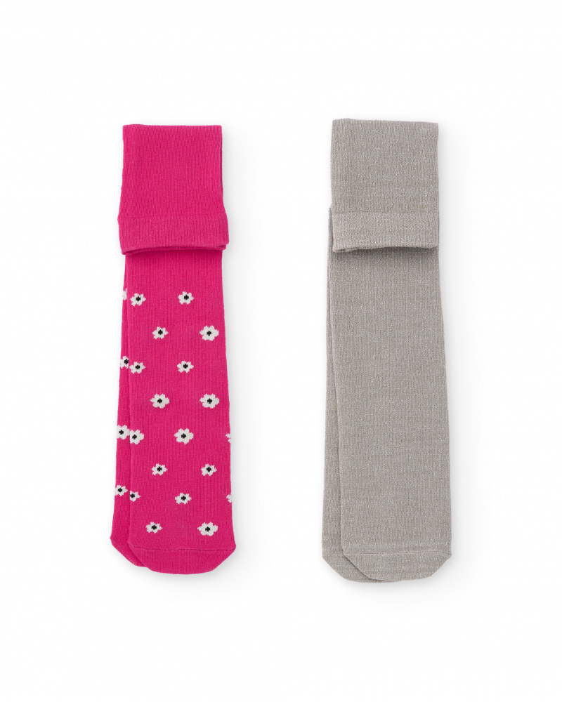 Pack of two girls’ tights in plain grey and floral fuchsia