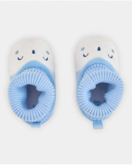 Slipper for newborn in blue with embroidered little mouse design