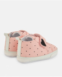 Baby girl shoe in pink with black polka dots and velcro closure Baby girl shoe in pink with black polka dots and velcro closure