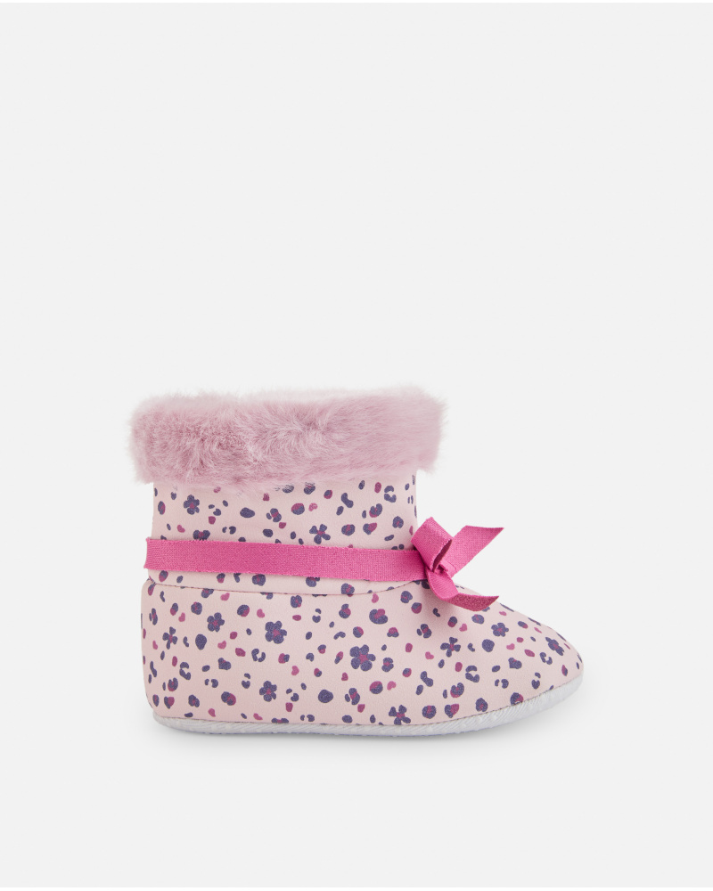 Pink bootie for newborn with floral print and bow