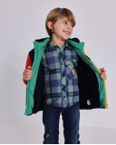 Boys' flannel shirt with blue and green checks and tree patch detail. Boys' flannel shirt with blue and green checks and tree patch detail.