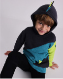 Knitted hoodie sweater for boys in blue, green and black with dinosaur details Knitted hoodie sweater for boys in blue, green and black with dinosaur details