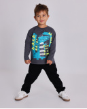 Long-sleeved t-shirt for boy in grey with blue dragon print Long-sleeved t-shirt for boy in grey with blue dragon print