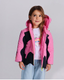 Girls' padded jacket in shades of pink and navy blue with hood. Girls' padded jacket in shades of pink and navy blue with hood.
