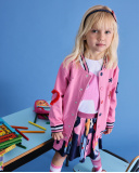 Pink varsity-style jacket for girls with embroidered details and 3D appliqués. Pink varsity-style jacket for girls with embroidered details and 3D appliqués.