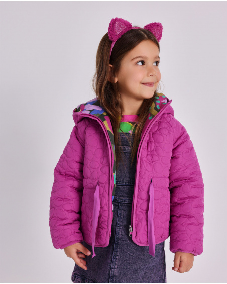 Padded jacket for girls in fuchsia with hood and bow belt. | tuc tuc