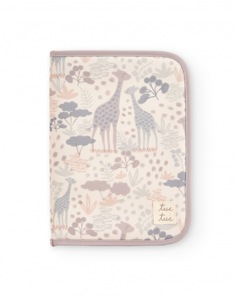 Baby document holder with giraffe print in neutral tones