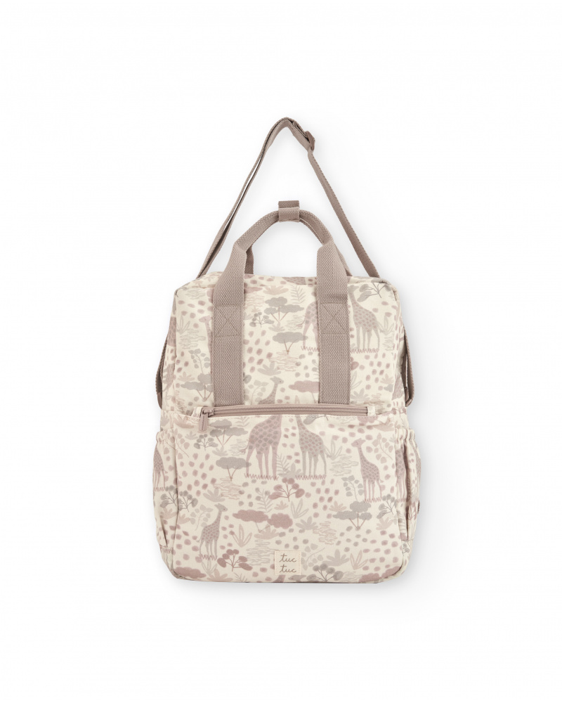 Baby stroller backpack with giraffe print in neutral tones