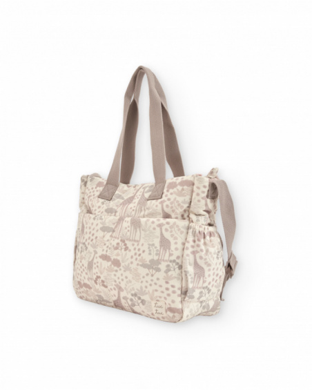 Baby changing bag with giraffe print in neutral tones