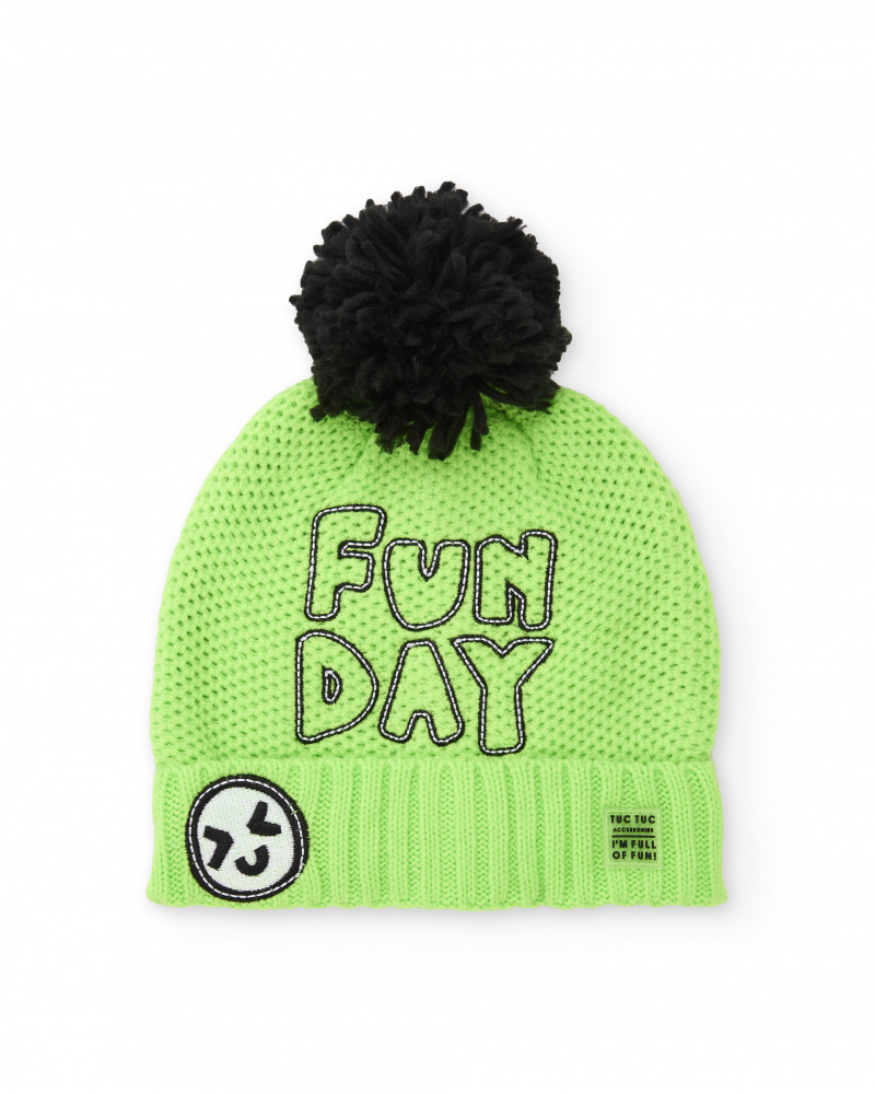 Boys’ green knitted hat with pompom and embroidery