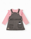 Baby girl outfit with pink ruffled t-shirt and grey pinafore dress with pockets Baby girl outfit with pink ruffled t-shirt and grey pinafore dress with pockets