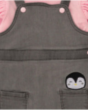 Baby girl outfit with pink ruffled t-shirt and grey pinafore dress with pockets Baby girl outfit with pink ruffled t-shirt and grey pinafore dress with pockets