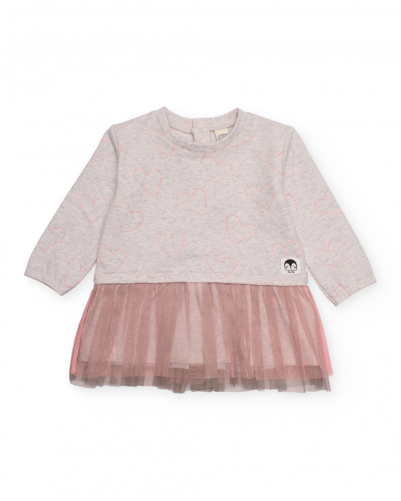Long-sleeve dress for newborn with hearts and pink tulle skirt