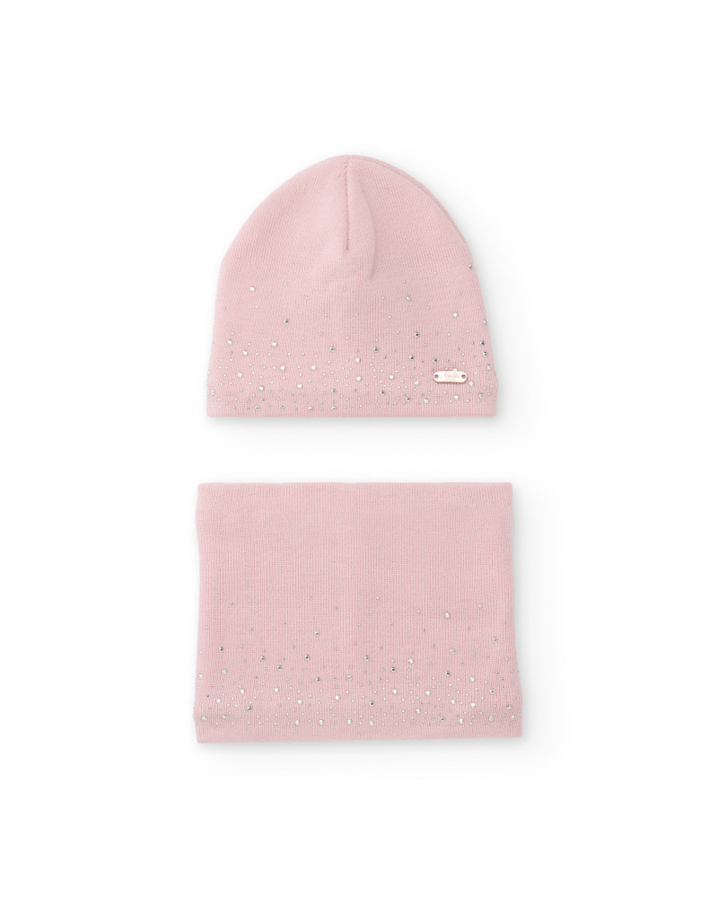 Girls’ pink knit hat and neck warmer set with strass details