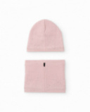 Girls’ pink knit hat and neck warmer set with strass details Girls’ pink knit hat and neck warmer set with strass details