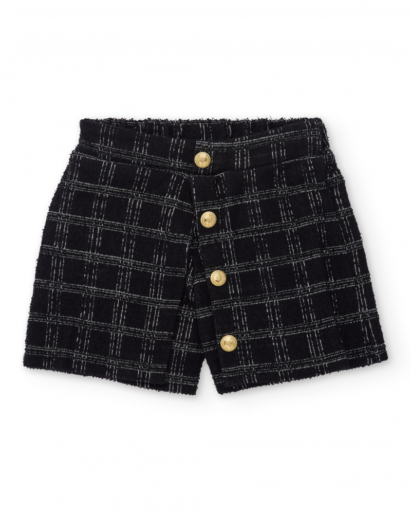 Girls’ black tweed shorts with checks and gold buttons