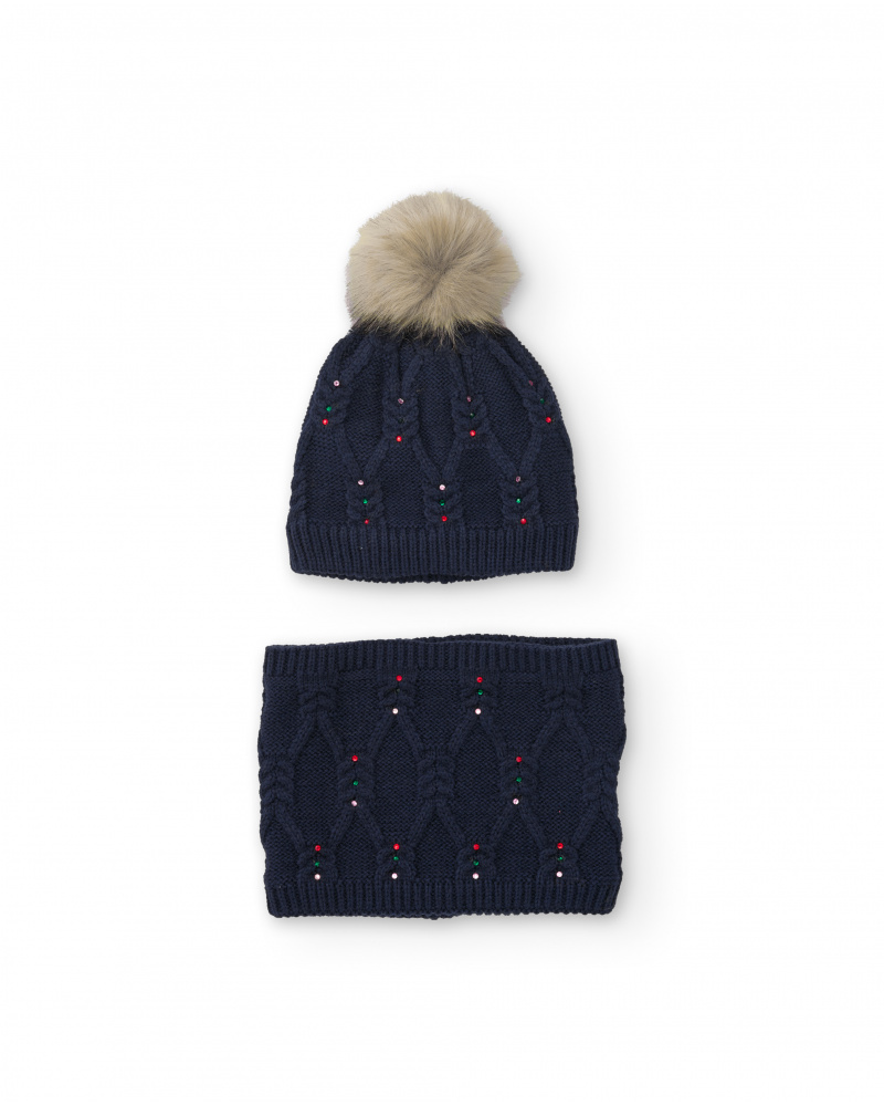 Girls’ navy blue knit hat and neck warmer set with faux fur pom-pom