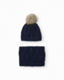 Girls’ navy blue knit hat and neck warmer set with faux fur pom-pom Girls’ navy blue knit hat and neck warmer set with faux fur pom-pom