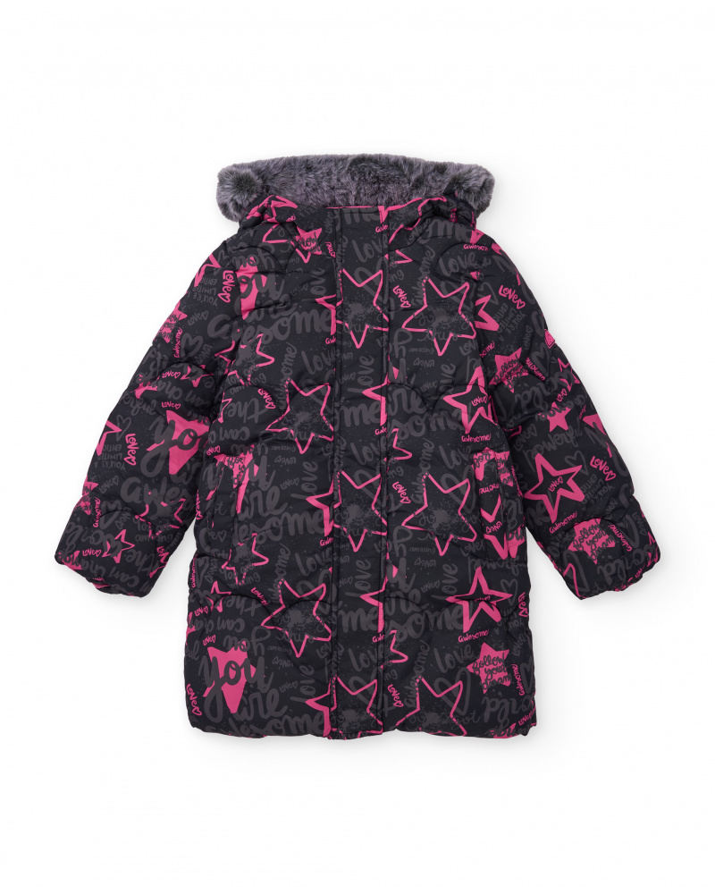Girls’ padded coat with stars and slogan print