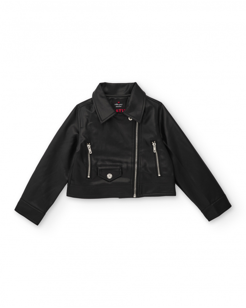 Girls' black faux leather biker jacket with zippers