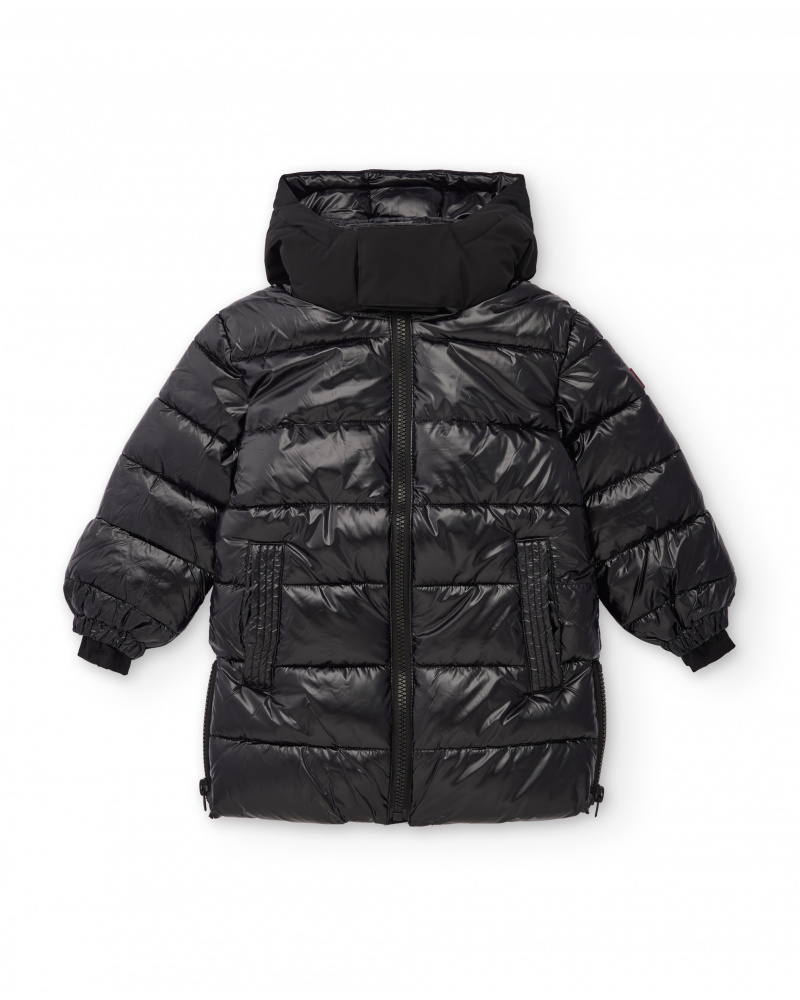 Boys’ long black padded coat with hood