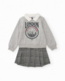 Sweatshirt dress for girl in grey with shirt collar and checkered skirt Sweatshirt dress for girl in grey with shirt collar and checkered skirt