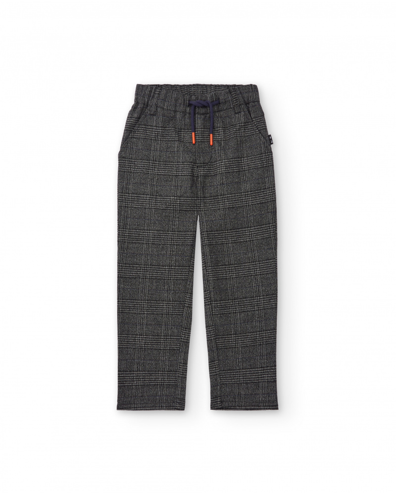 Boys’ grey checkered trousers with elastic waistband