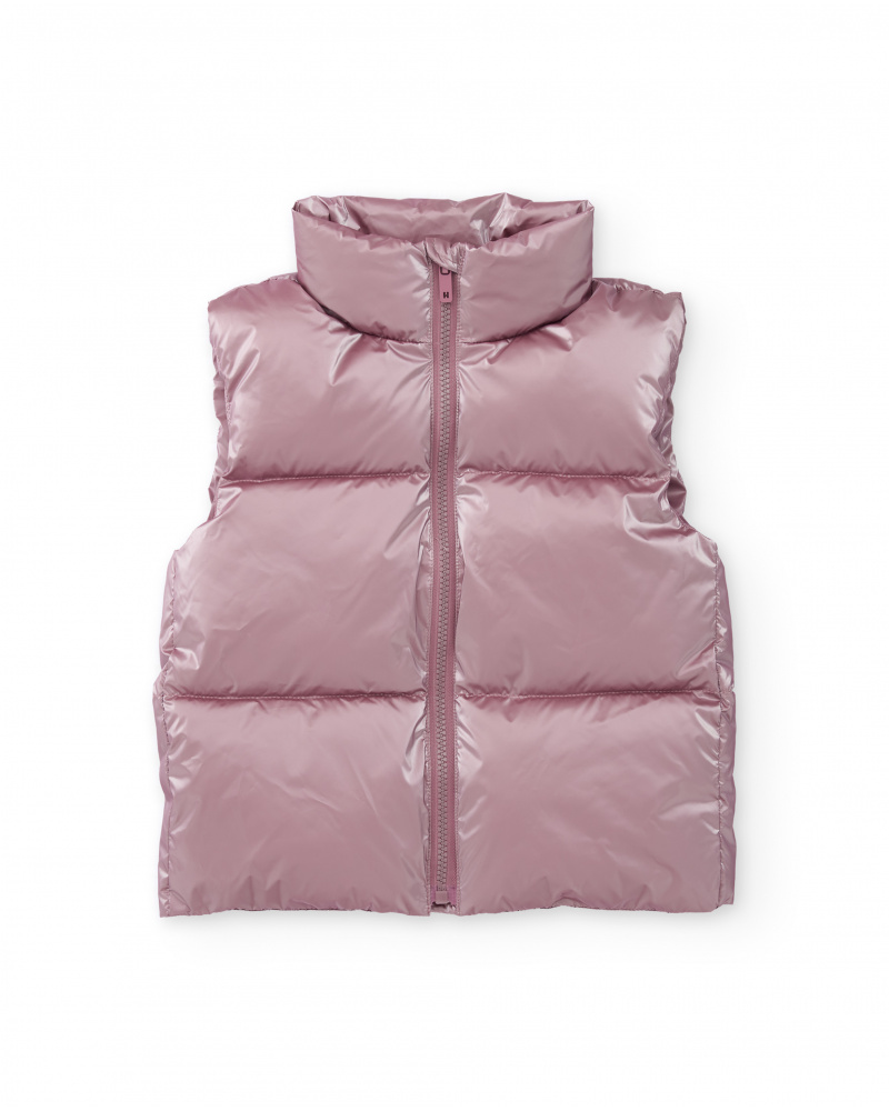 Girls’ metallic pink padded vest with zipper and high neck
