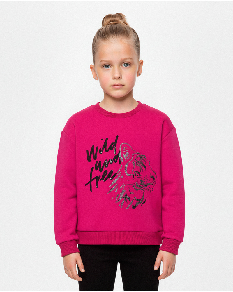 Fuchsia sweatshirt for girls with tiger print and message