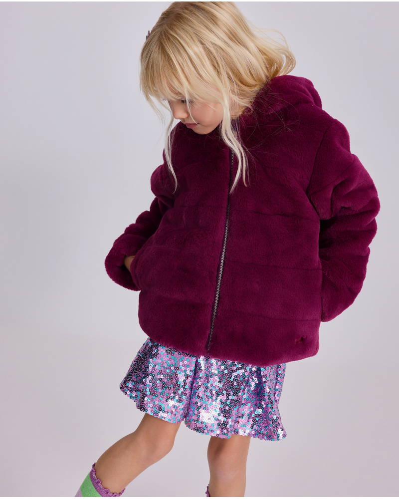 Faux fur jacket for girl in burgundy with hood and floral lining
