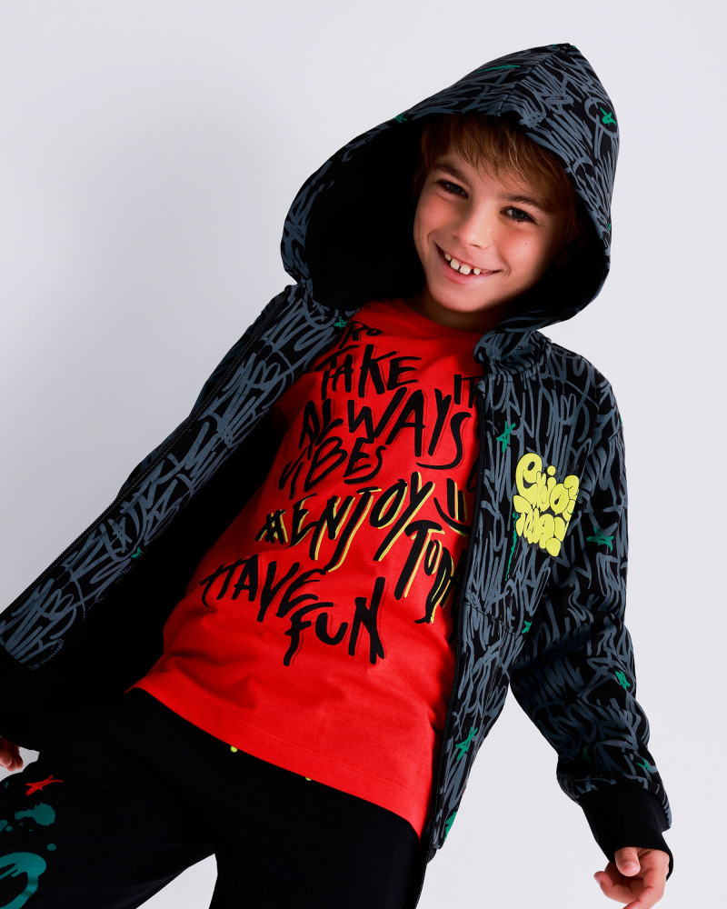 Red long-sleeve t-shirt for boys with graphic message