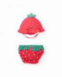 Newborn woven swimsuit with strawberry design