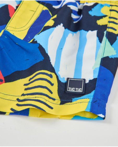 Boys swim shorts in plain weave fabric with an abstract style