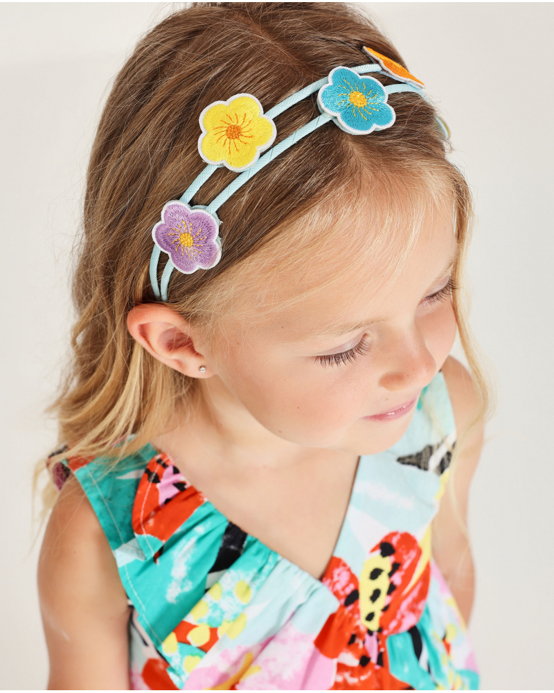 Girls plain headband with applied embroidered flowers
