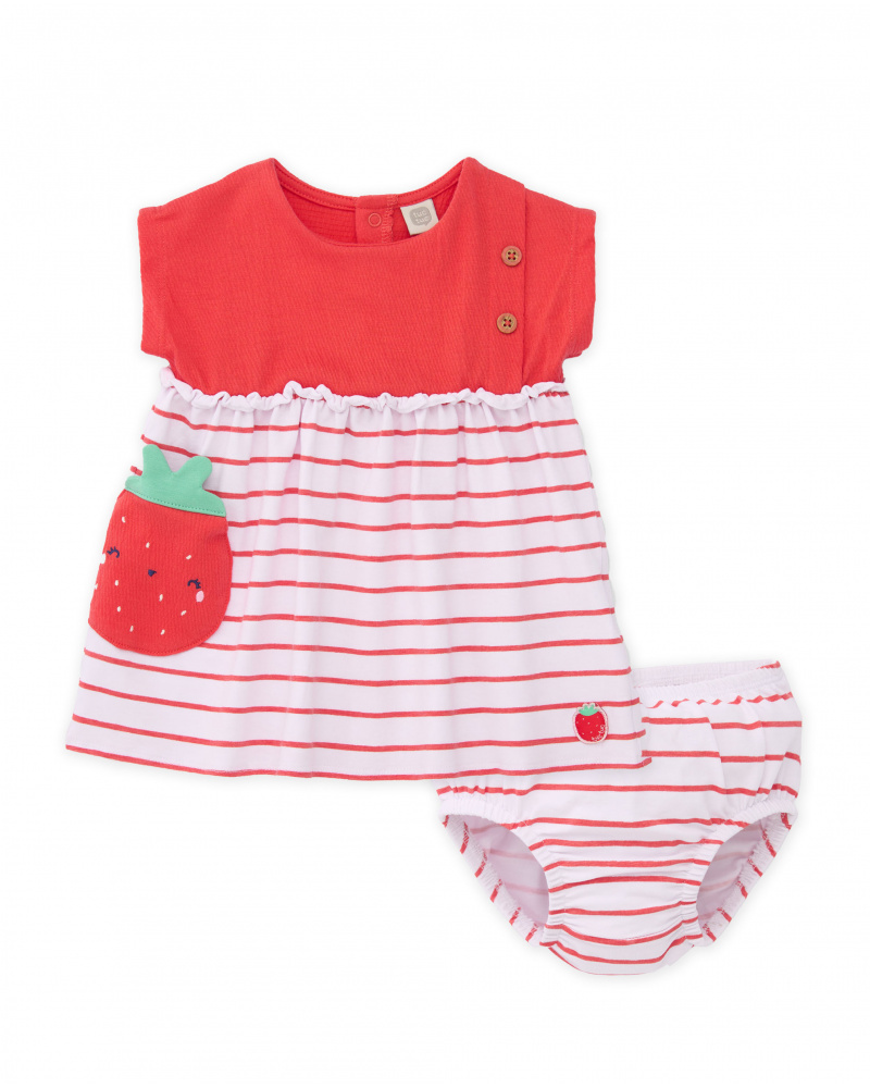 Knitted newborn dress with strawberry pocket