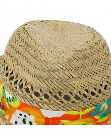 Orange printed raffia hat for girls summer festival