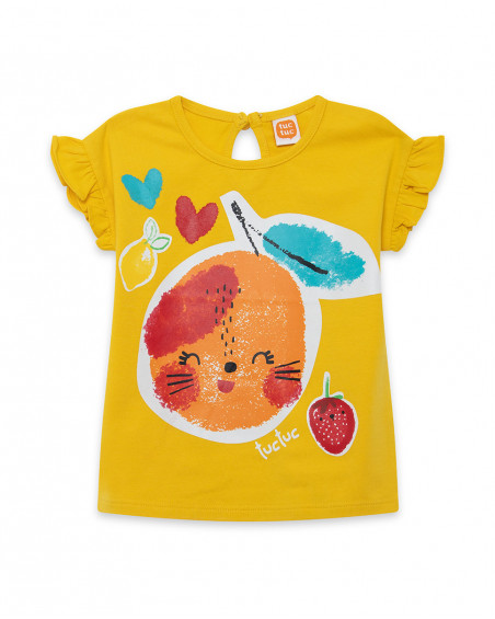 Yellow printed jersey t-shirt for girls fruitty time